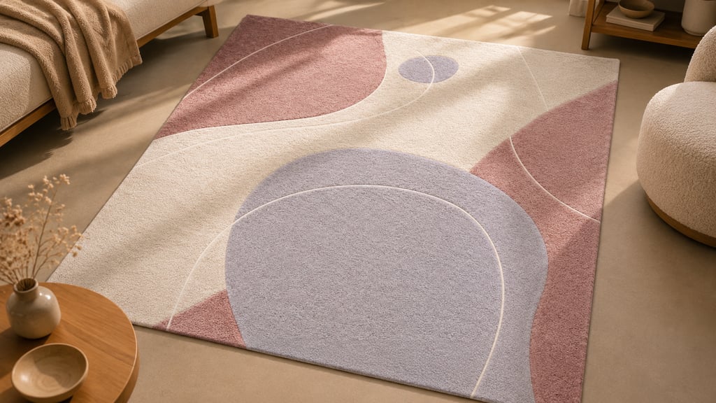 Modern abstract area rug with mauve and lavender geometric circles in a sunlit minimalist living room.