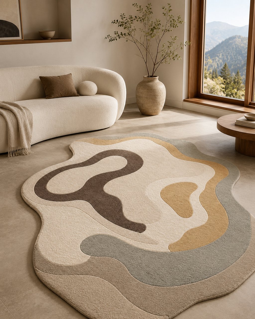 Irregular shaped abstract area rug with wavy neutral patterns in a minimalist modern living room.
