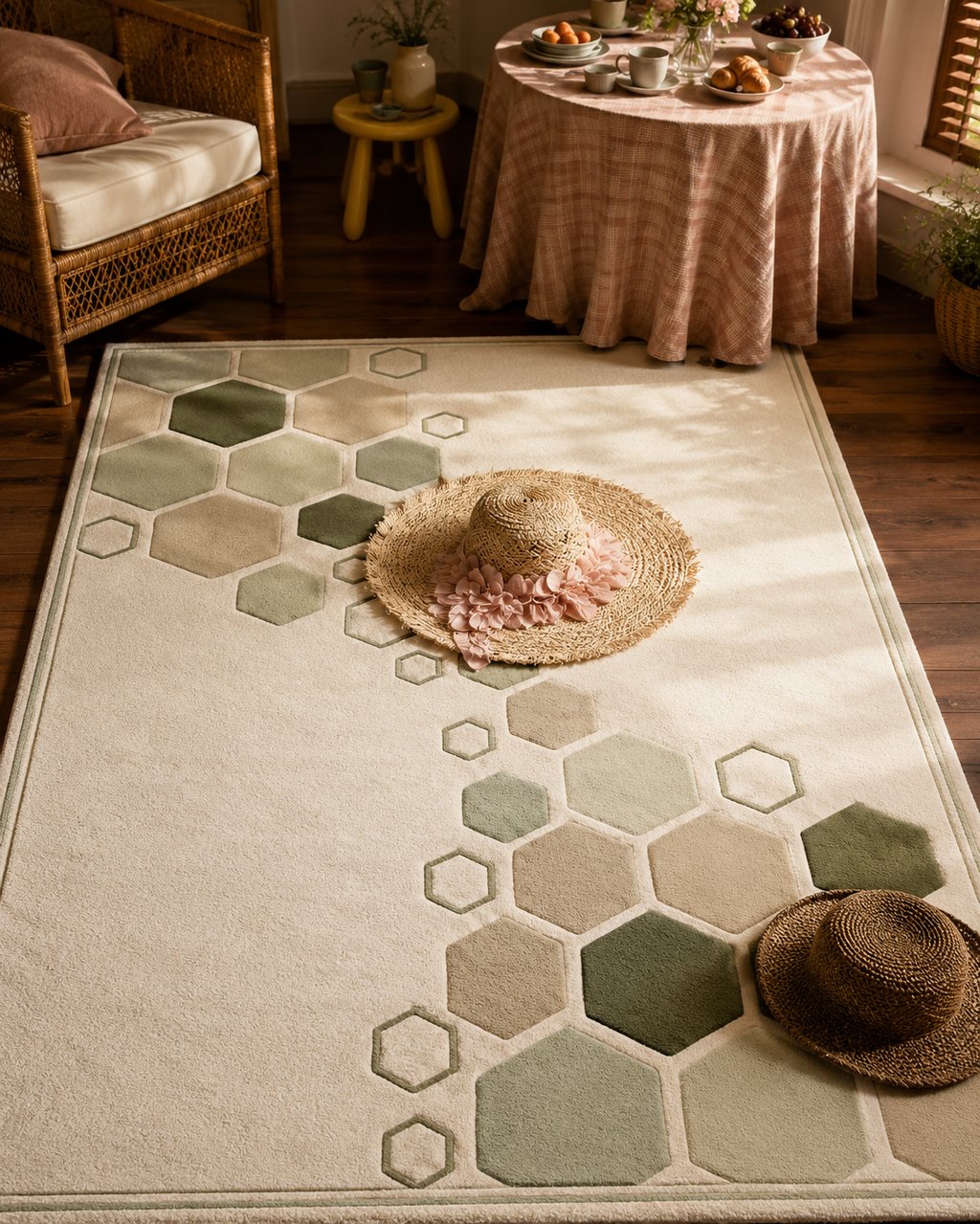 Modern cream area rug with green and beige honeycomb pattern in a sunlit living room.