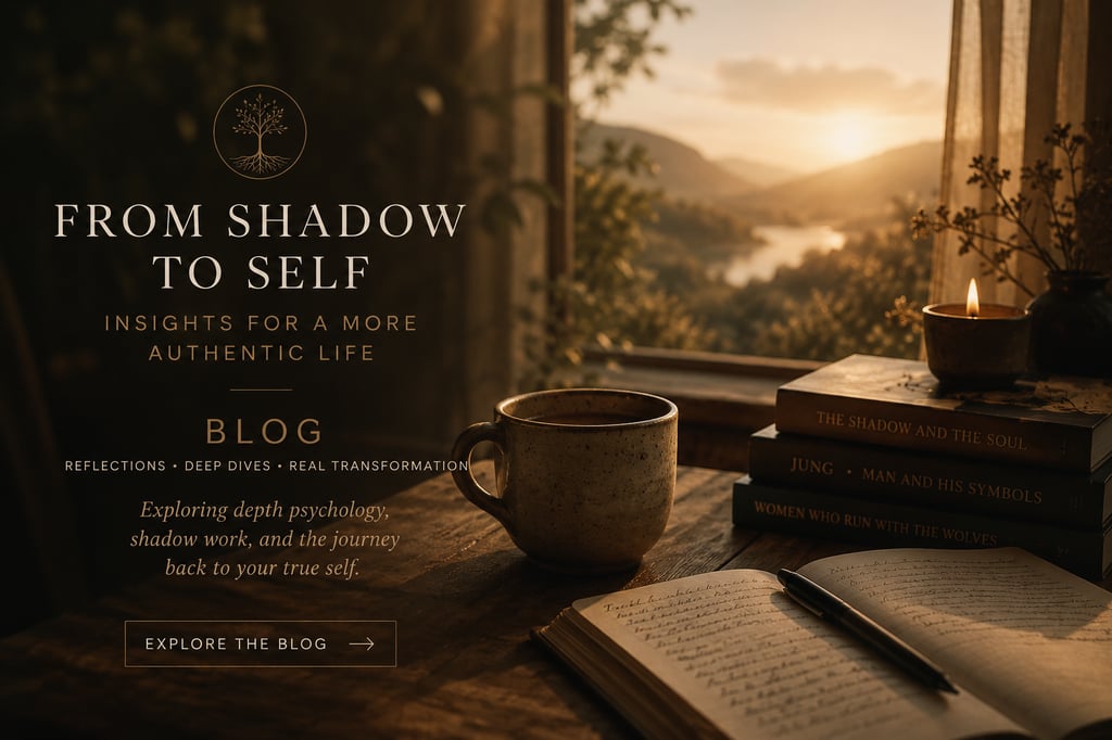 From Shadow to Self blog banner featuring shadow work books, a journal, and coffee overlooking a sunset.
