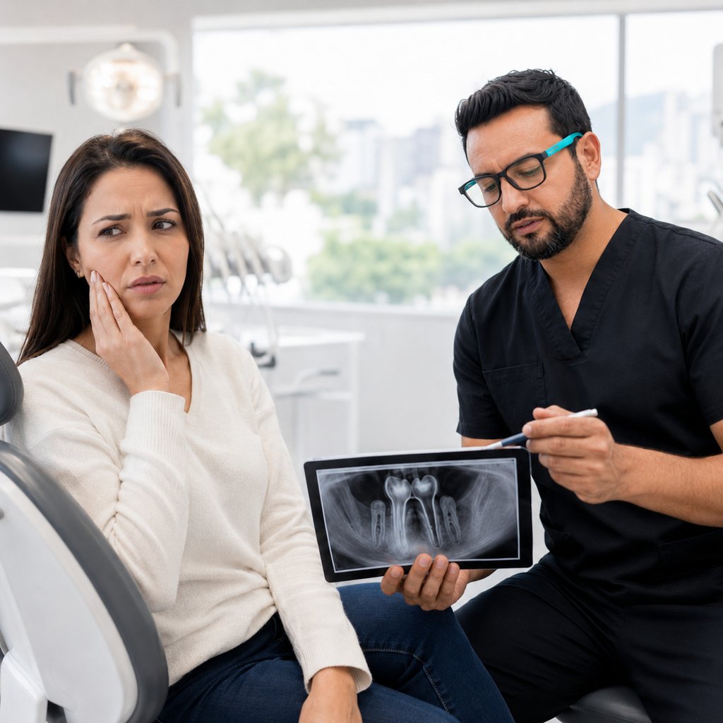 Endodoncista en Quito explicando una radiografía dental a una paciente con dolor de muela que necesi