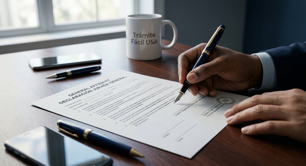 Primer plano de manos firmando una declaración jurada general Affidavit bilingüe en una oficina de Estados Unidos