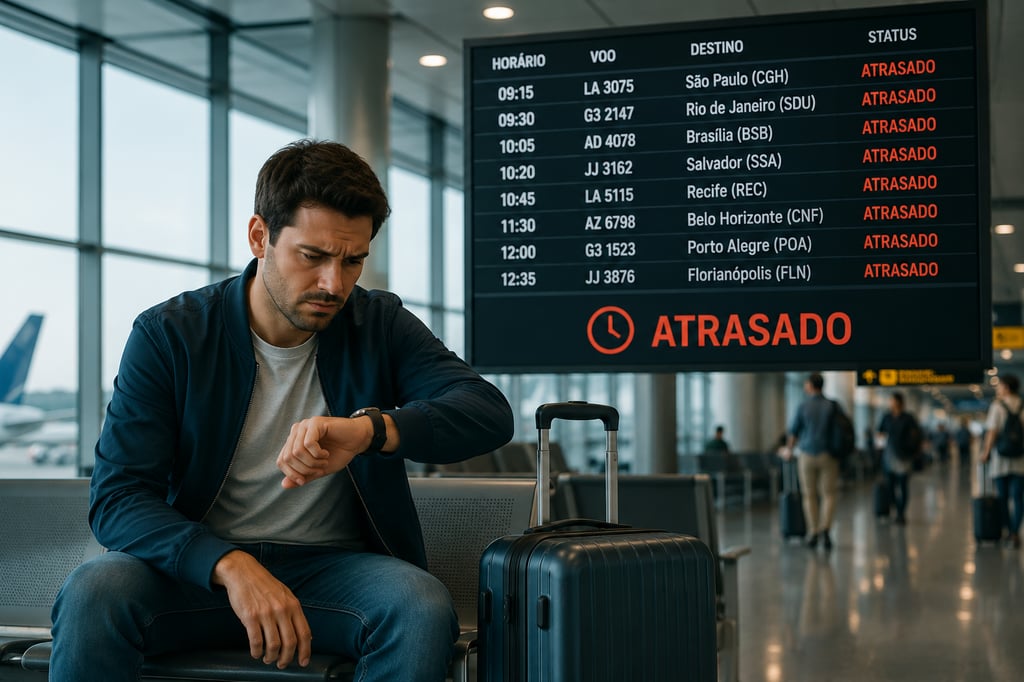Passageiro no aeroporto olhando relógio com painel de voos mostrando atrasos e cancelamentos