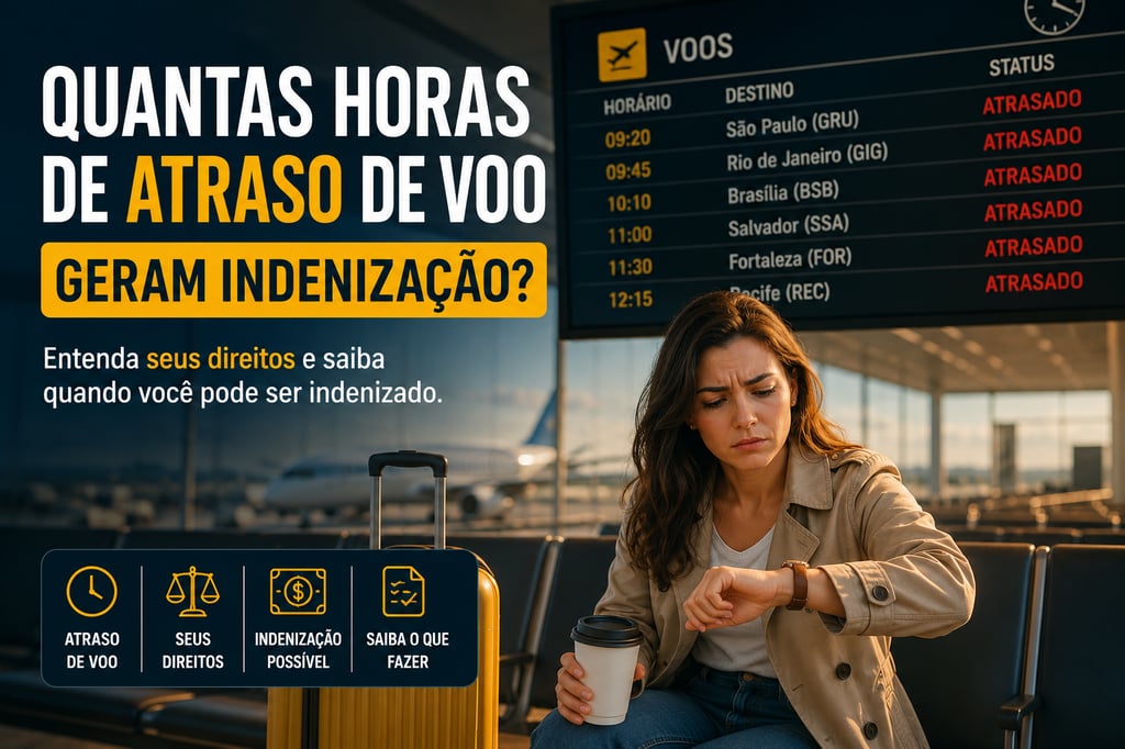 Jovem passageira no aeroporto aguardando voo com painel indicando atraso de embarque