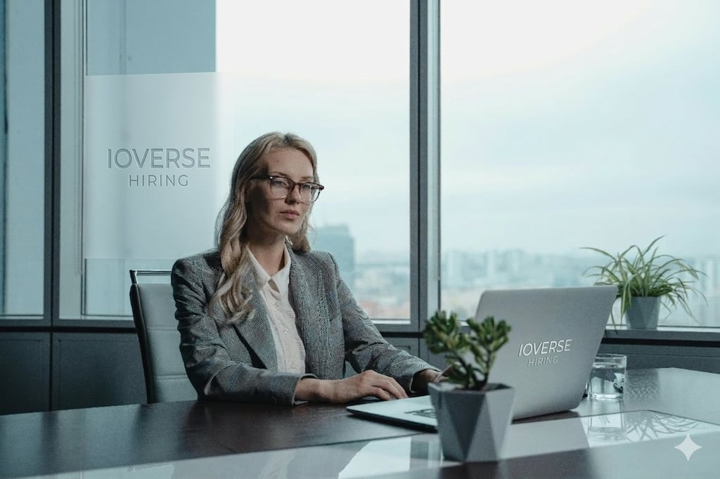Professional female recruiter working at a desk with an Ioverse Hiring laptop in a modern office.