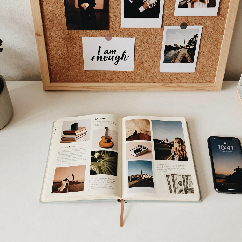 A creative vision board and open journal with photos on a white desk next to a smartphone.