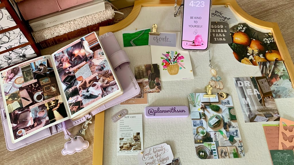 intentional vision boards: a Sterling Ink B6 planner, a physical corkboard display, a digital phone