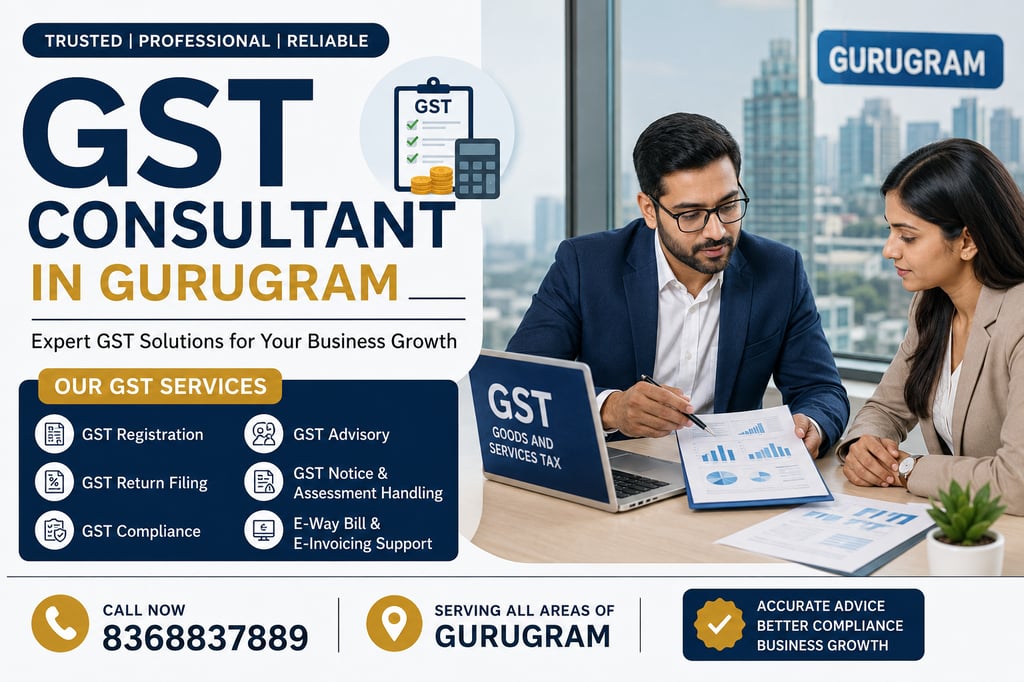 GST consultant discussing tax filings with clients in a Gurgaon office.