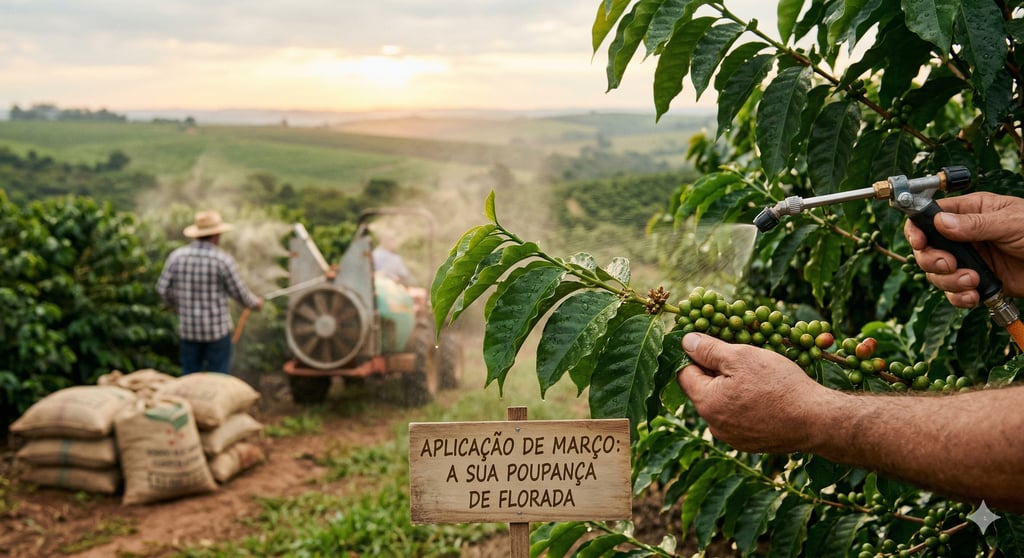 Desenho de ramo de café sendo pulverizado, trator ao fundo e sacas
