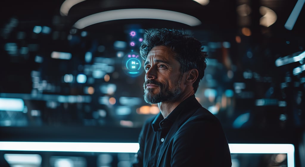 Futuristic professional using AI tools to build a personal brand.