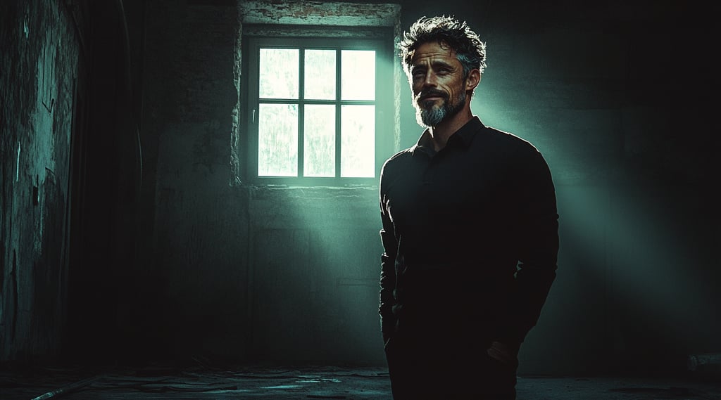 Person stepping out of darkness into light representing rise from obscurity