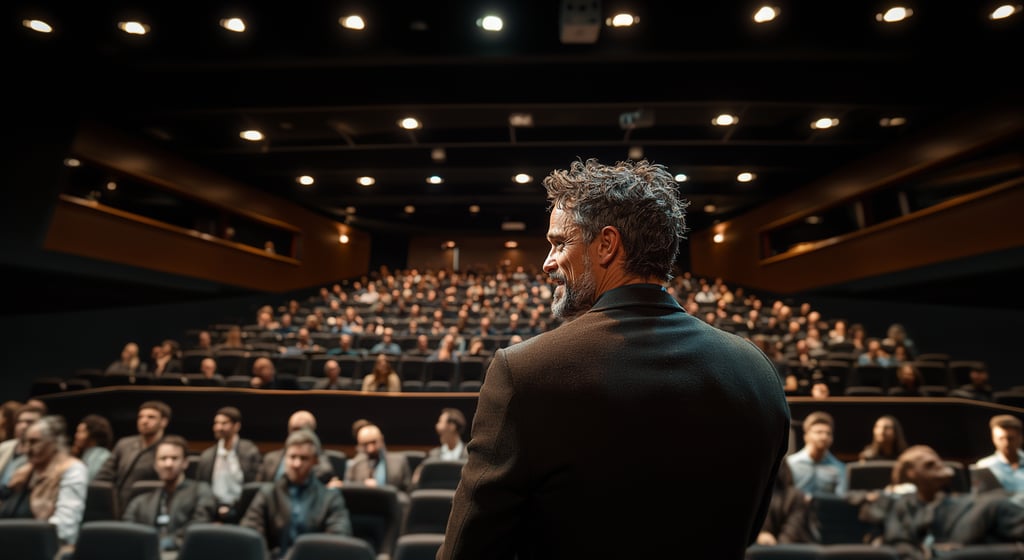 Aspiring speaker presenting confidently to an audience while building a personal brand online.