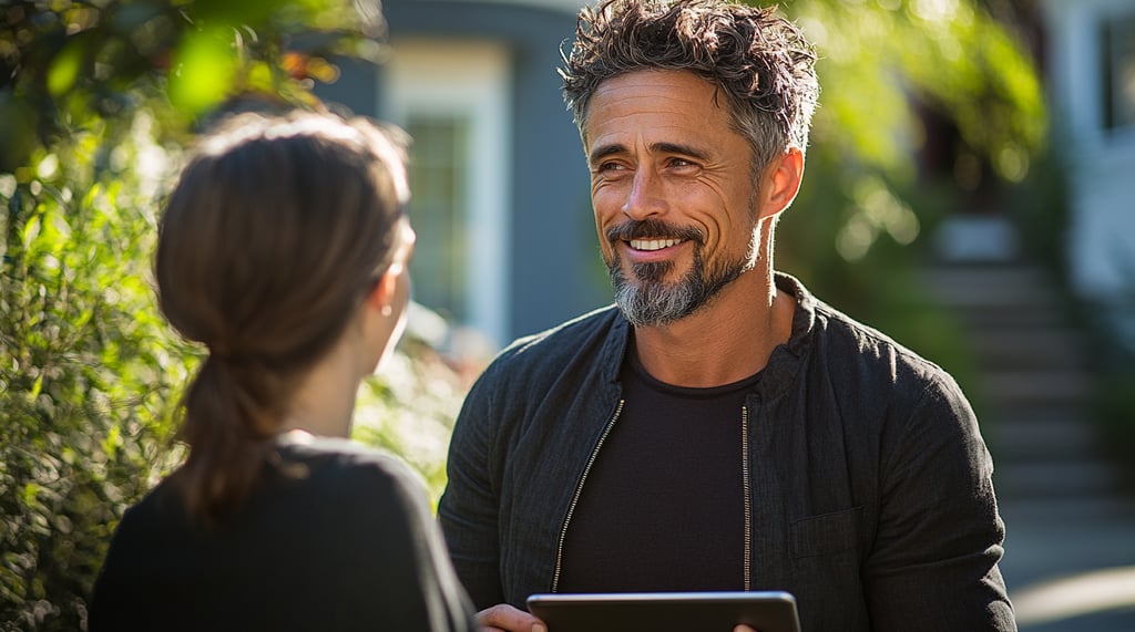 Real estate agent building trust with prospective homebuyers in a local neighborhood