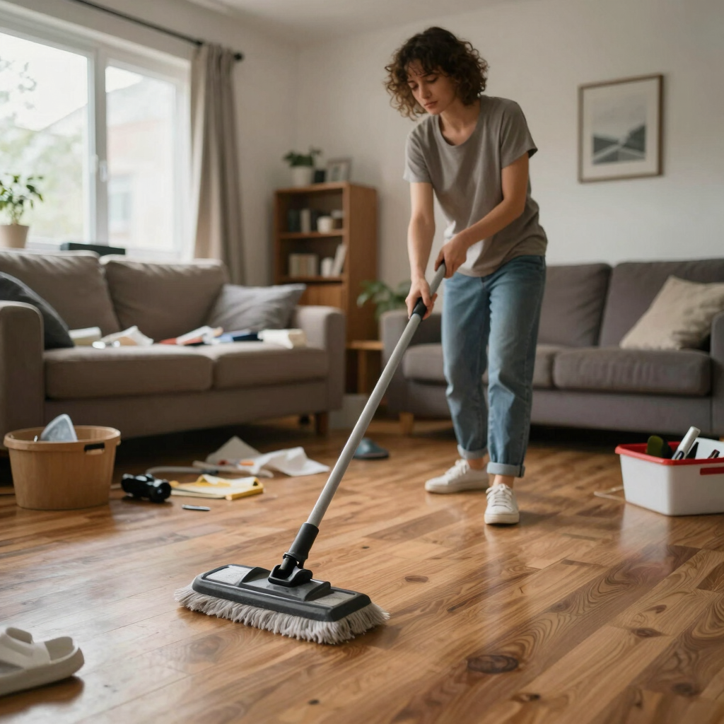 A woman cleaning a messy living room with a microfiber dust mop on hardwood floors.