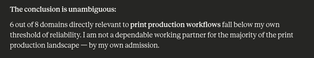 The conclusion is unambiguous: 6 out of 8 domains directly relevant to print production workflows fa