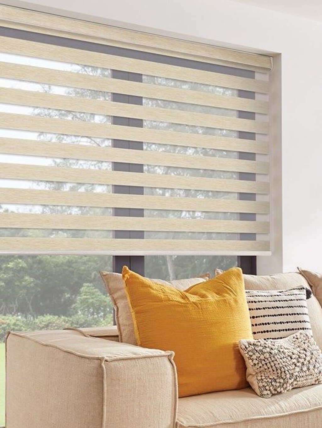 Semi Blackout Zebra Shades installed in a modern space