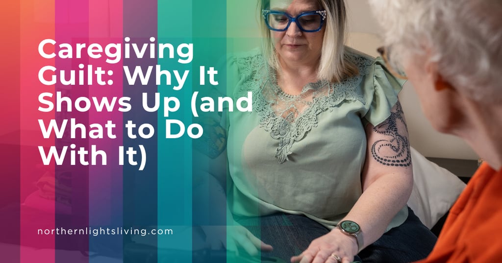 A caregiver looking down while supporting an elderly senior, illustrating tips for managing caregiving guilt.
