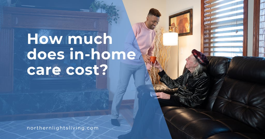A caregiver serves tea to a senior man in a living room, illustrating in-home care cost services.
