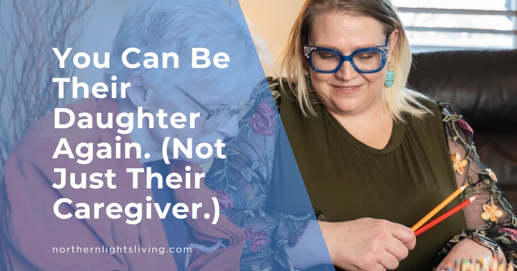 Smiling woman with blue glasses coloring with an elderly relative for senior memory care.