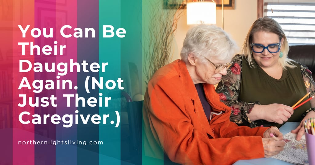 A senior woman and her daughter enjoy coloring together, illustrating senior care and family support.