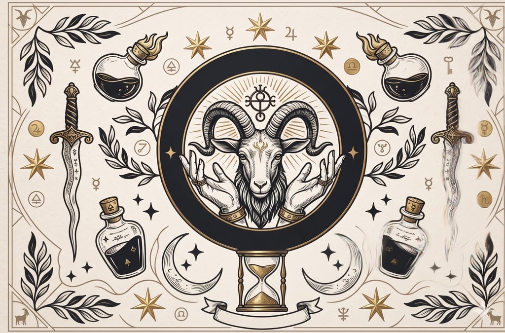 A vintage occult illustration features a goat-headed deity, alchemical symbols, swords, and potion bottles, ideal for