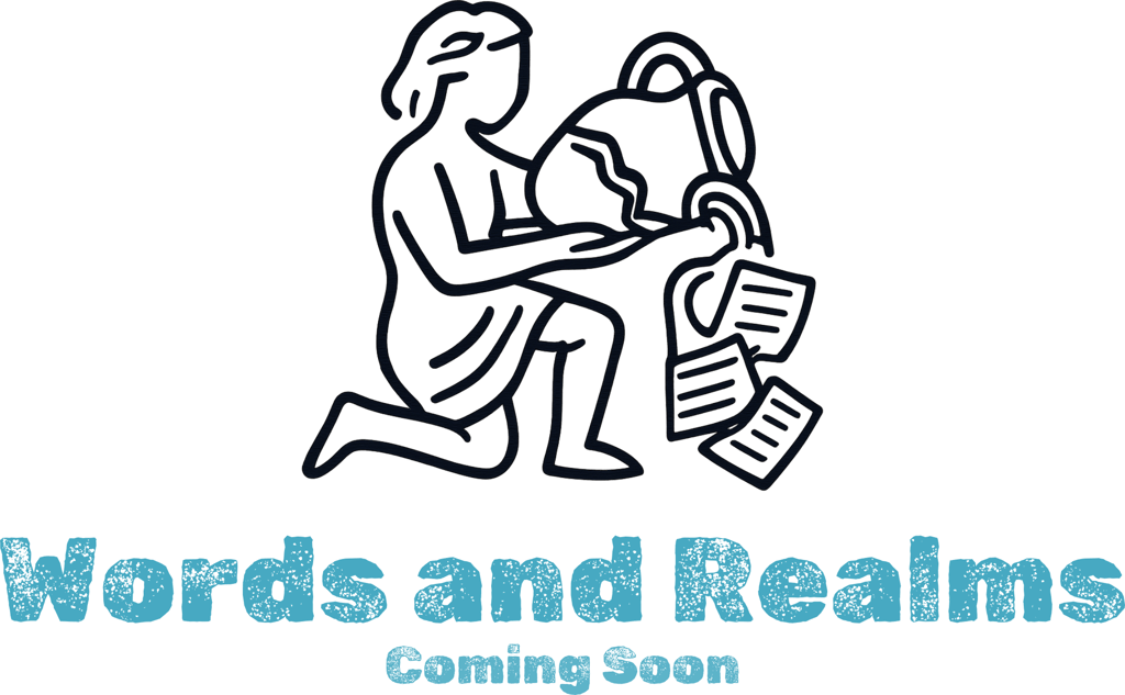Words and Realms logo featuring an artistic line drawing of a figure pouring scrolls from a jar.