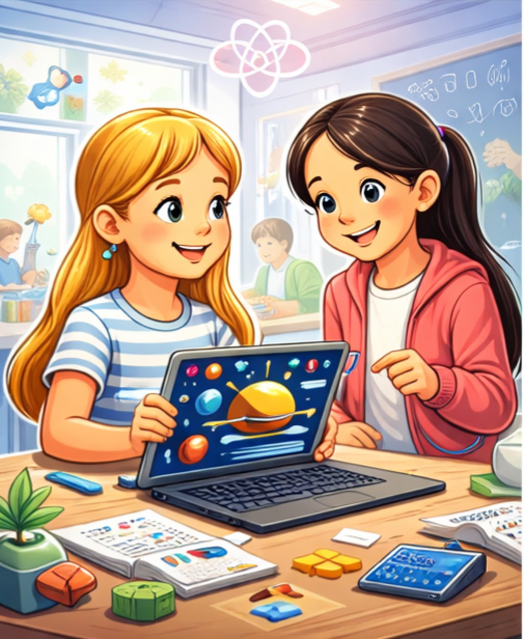 Futuristic STEM education concept with science lab elements technology icons and students learning i