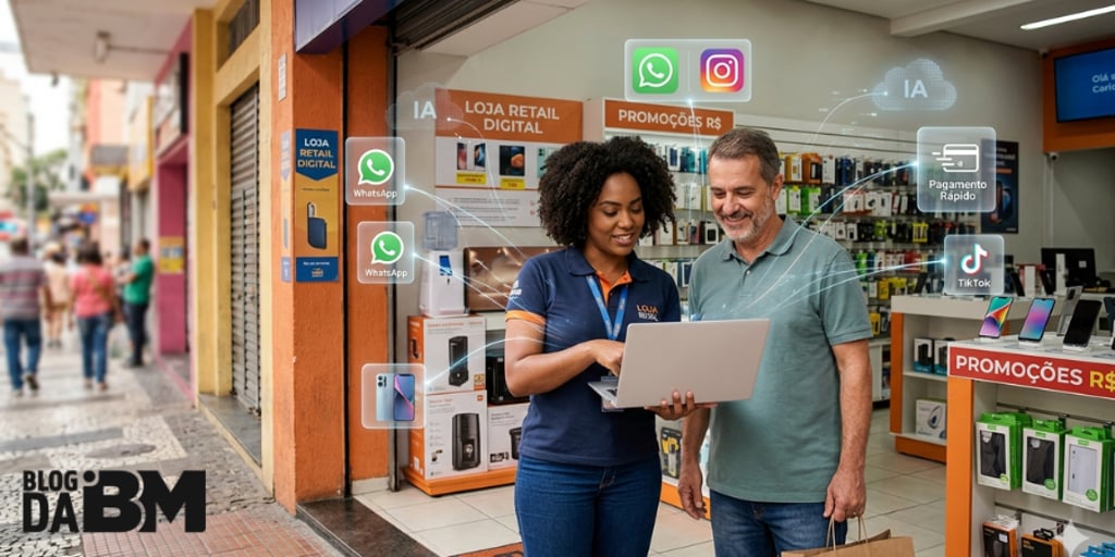 Vendedor usando inteligência artificial no varejo para atender cliente e vender mais