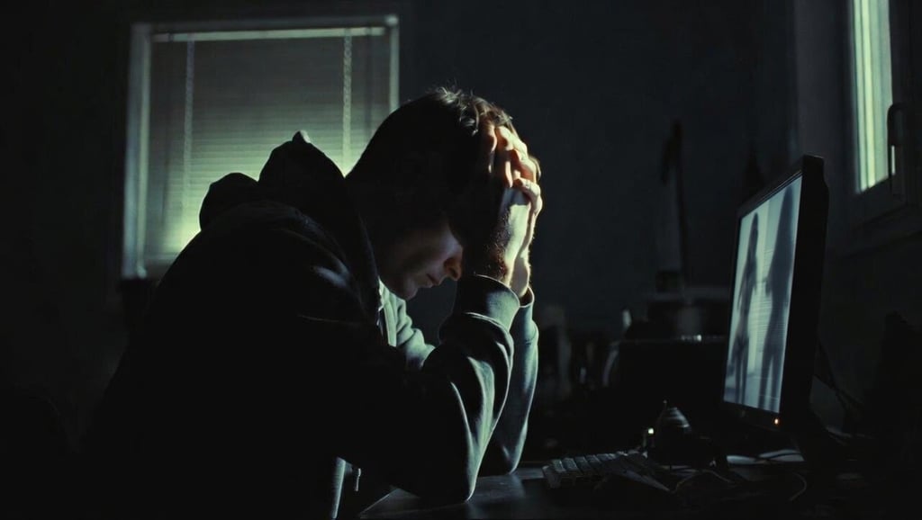 A stressed man holding his head in a dark room while working at a computer desk late at night.
