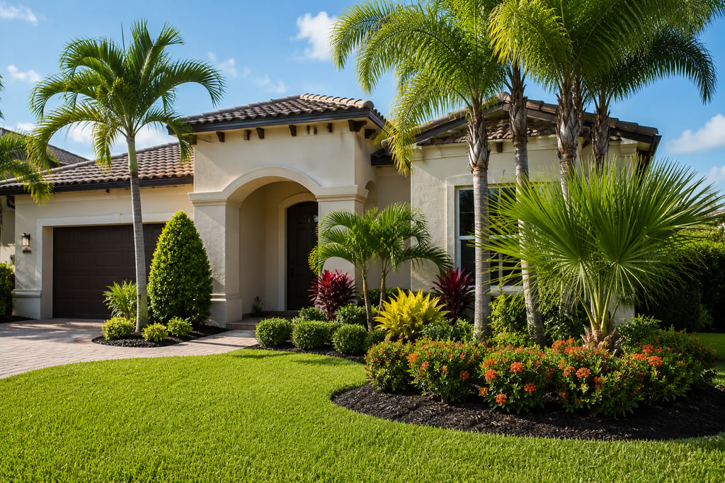 Modern Florida luxury home with Mediterranean architecture, palm trees, and tropical landscaping.