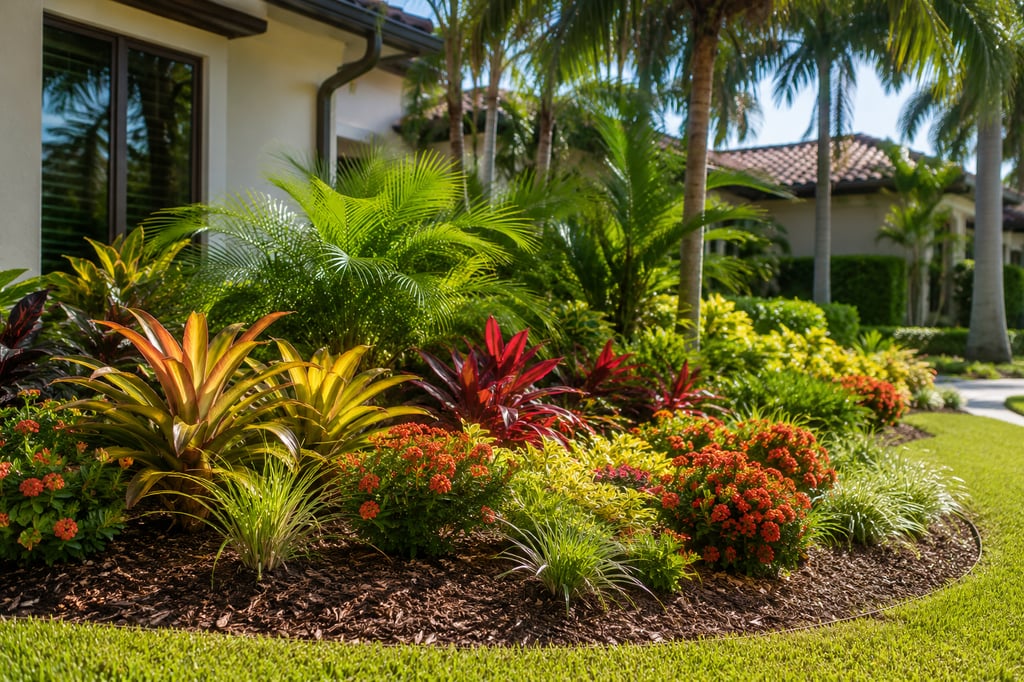 Lush tropical landscaping with bromeliads, palm trees, and colorful flowers in a residential garden bed.