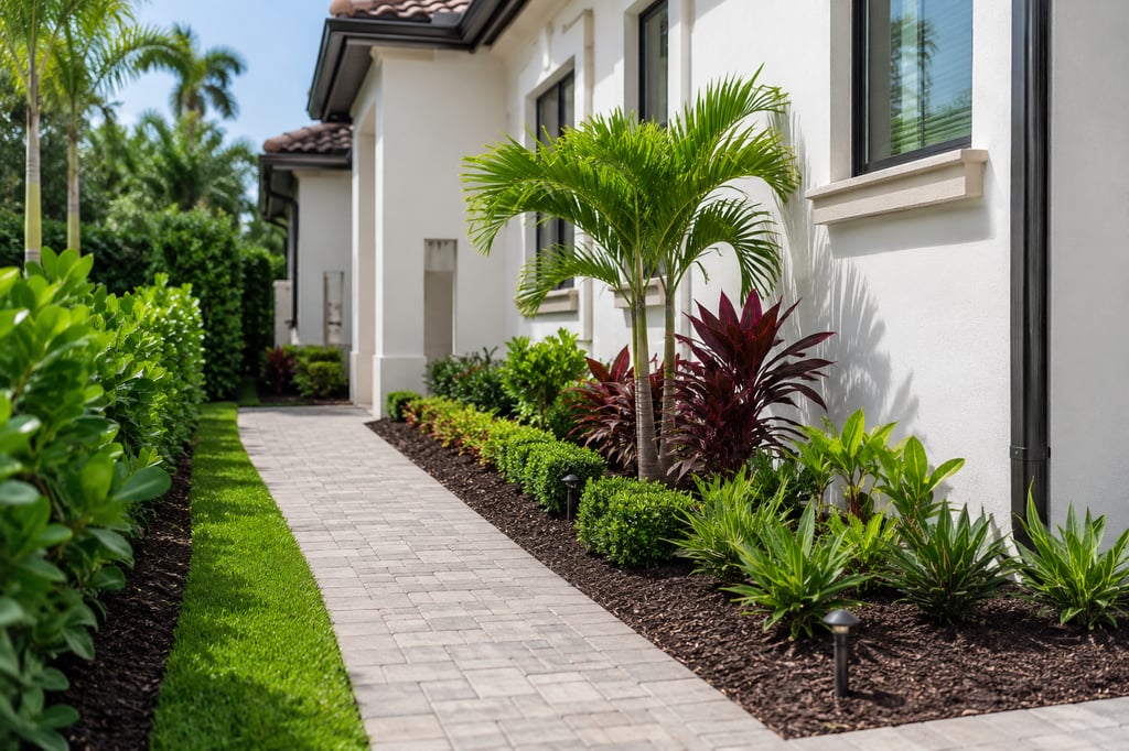 Modern home with a stone paver walkway and professional tropical landscaping including palm trees and shrubs.