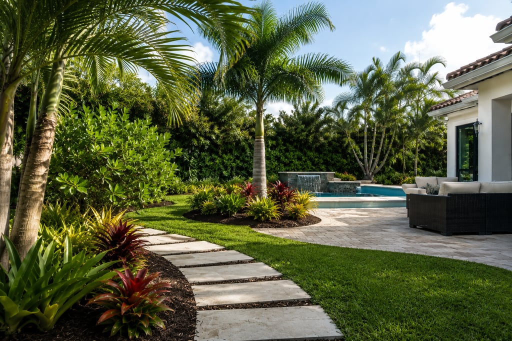 A tropical backyard landscape with a stone walkway, palm trees, and a luxury swimming pool.