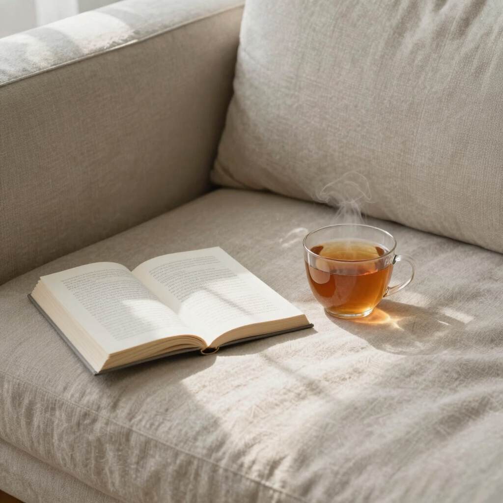 Open book and a cup of tea on a sofa in morning light