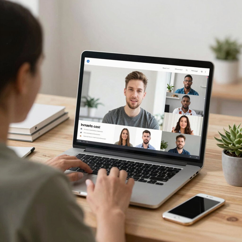 a woman in a white coat and blue gloves is wearing a virtual headset