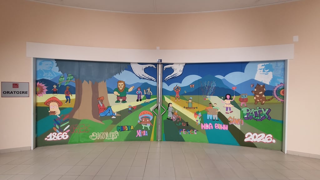 Colorful mural on sliding doors depicting diverse characters and the word peace in multiple languages.