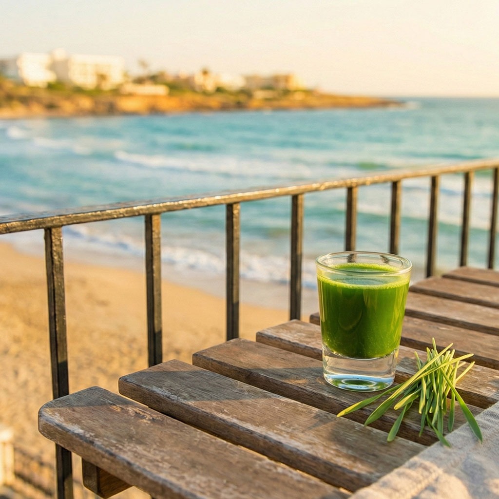 Fresh organic wheatgrass shot on a wooden table overlooking a sunny tropical beach.