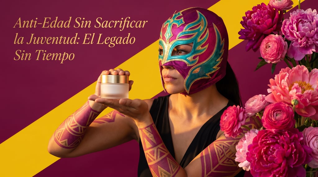 Woman in a lucha libre mask holding an anti-aging skin cream jar next to pink peonies.