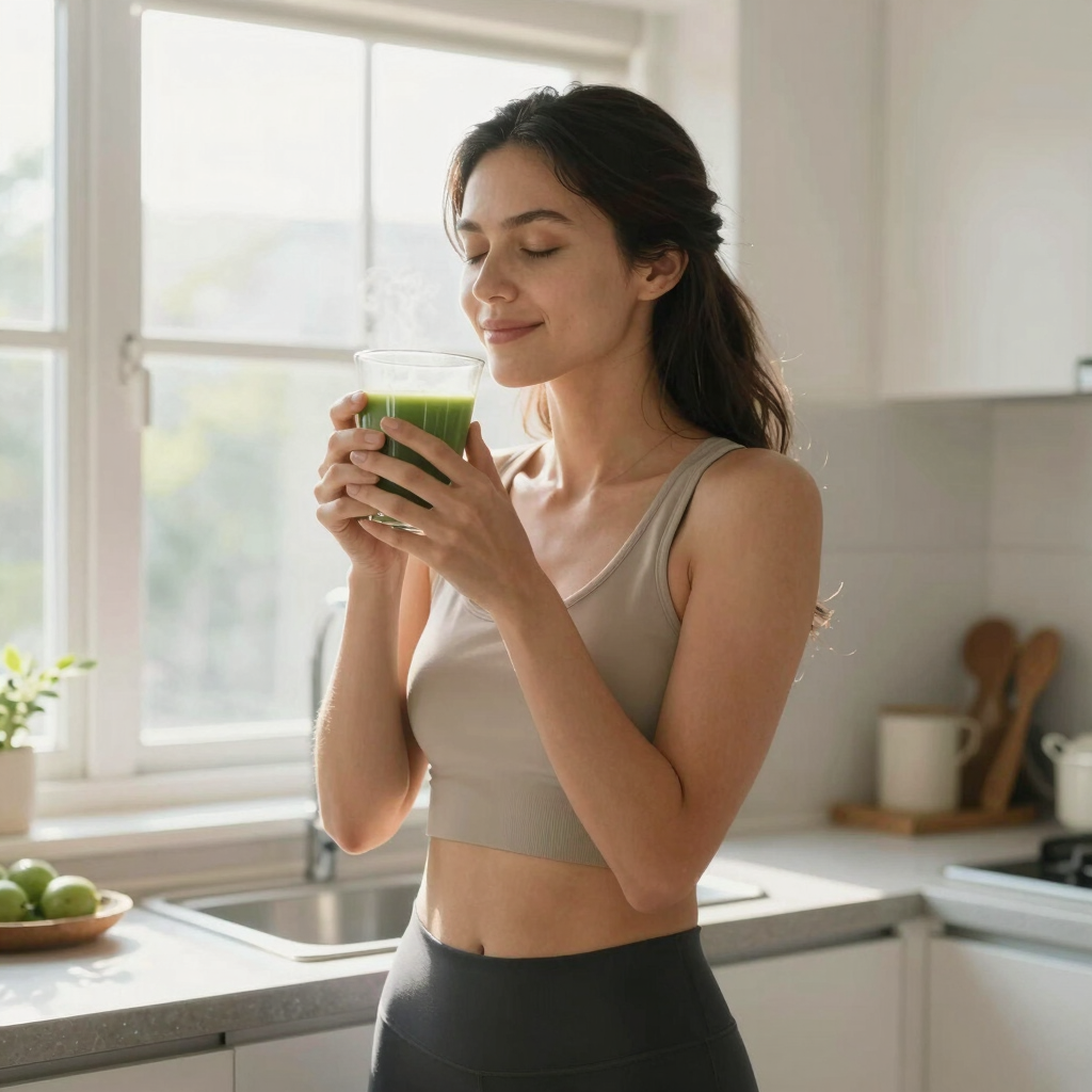 Woman drinking matcha tea for weight loss with Matcha Suri natural fat burning drink