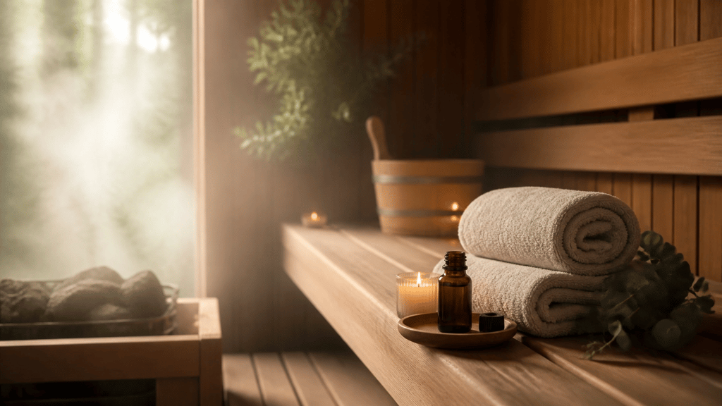 Relaxing wooden sauna interior with essential oils, rolled towels, and a steaming bucket.