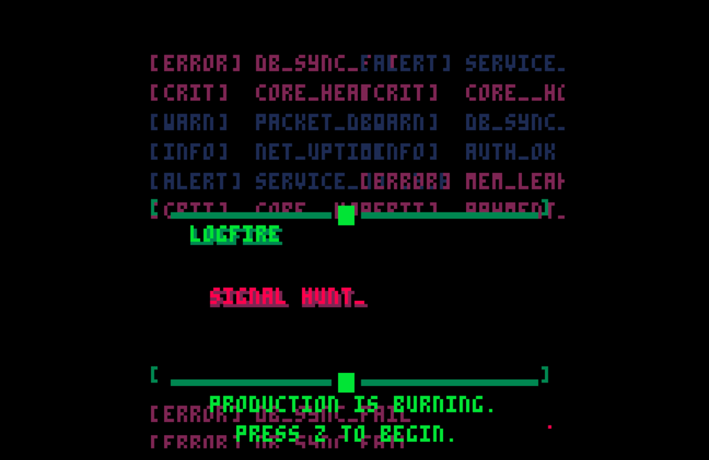 Retro 8-bit style terminal screen showing error logs, system alerts, and a signal hunt prompt.
