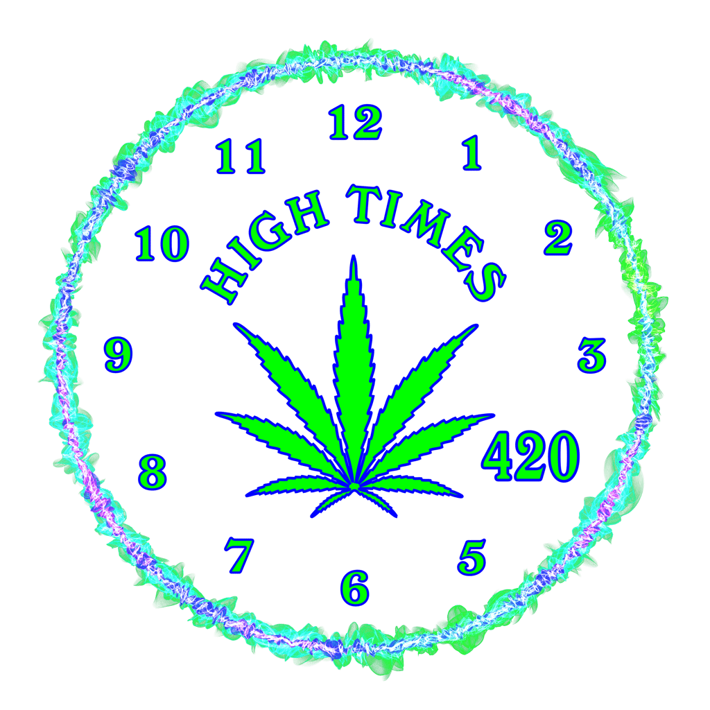 Neon green cannabis leaf clock with High Times and 420 text inside a glowing smoke ring.
