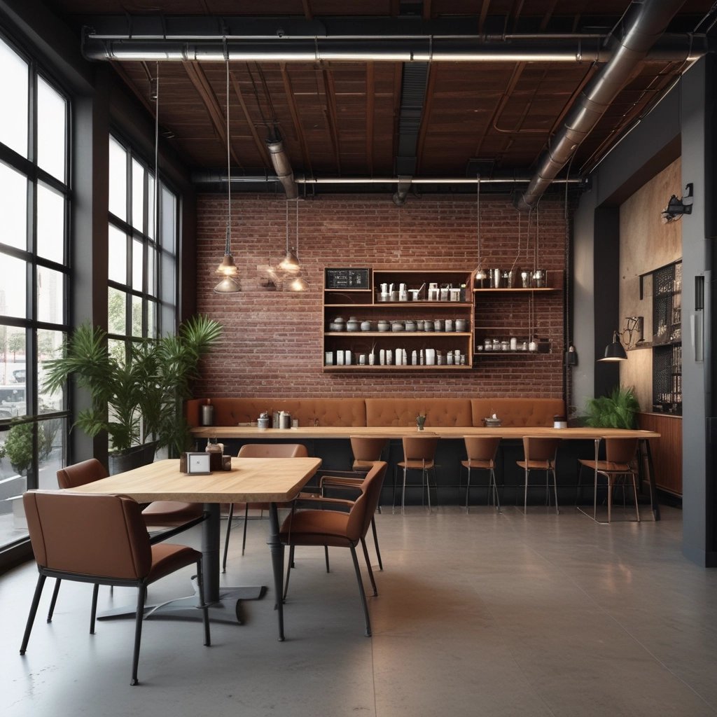 Stylish cafe interior redesign featuring warm beige and black accents