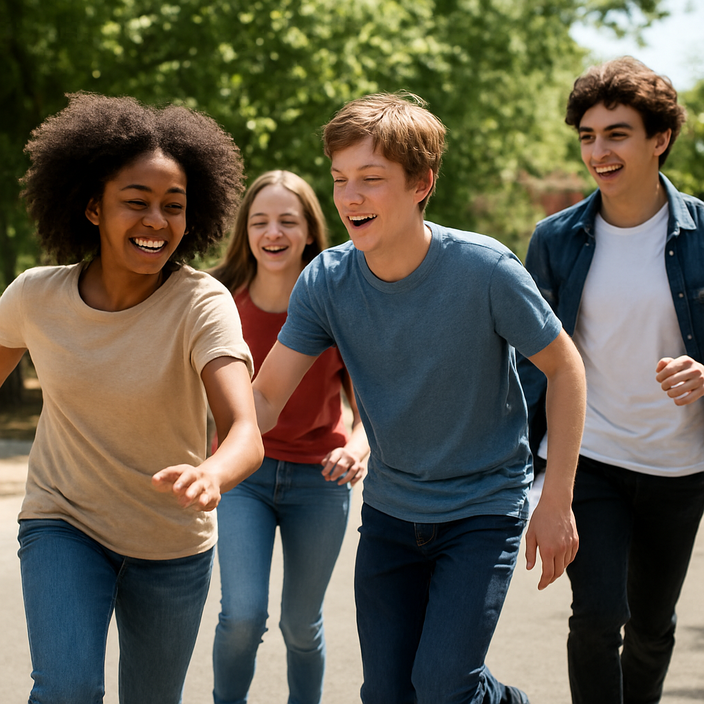 Diverse group of happy teenagers running outdoors in a sunny park with trees.