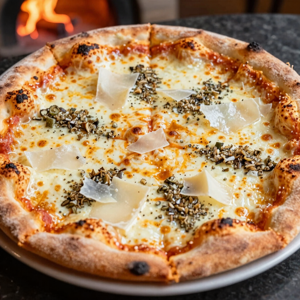 Close-up of a freshly baked 4 formaggi pizza with melted cheeses bubbling on a rustic wooden board.