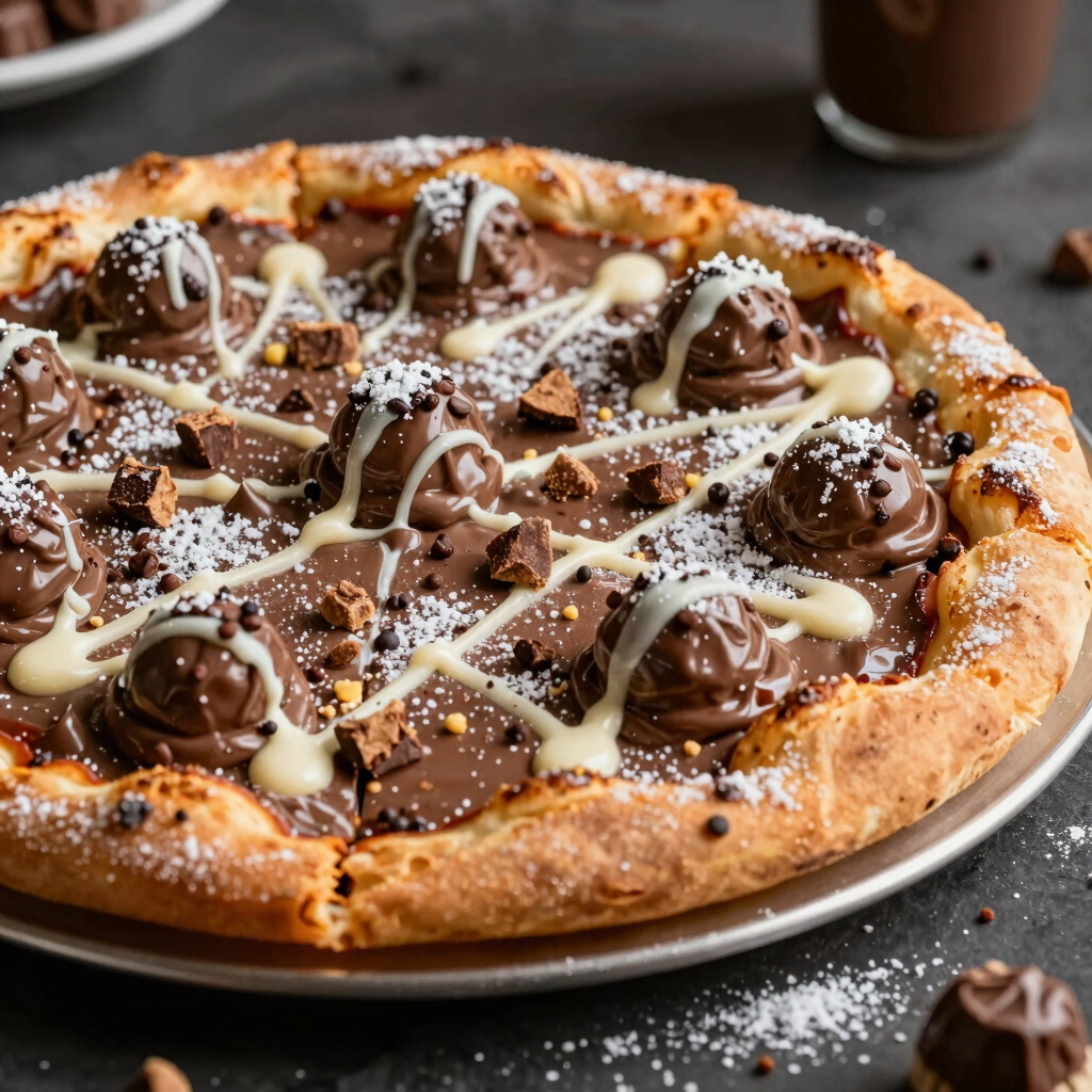 Close-up of a golden sfilatino filled with creamy Nutella on a rustic wooden table.