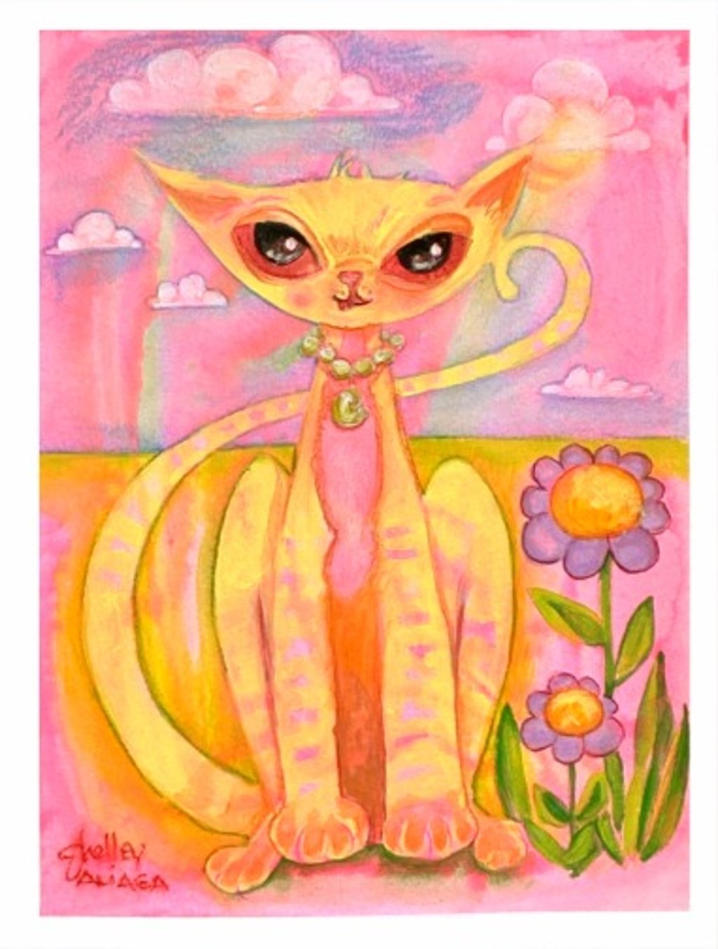 Whimsical painting of a yellow cat with a necklace in a pink landscape with flowers.