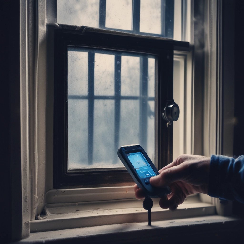 A person testing window insulation with a digital thermal leak detector device to improve home energy efficiency.