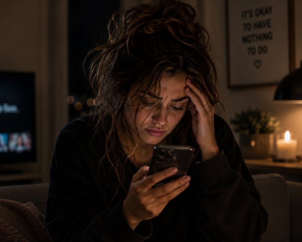 Woman feeling overwhelmed while scrolling on her phone late at night