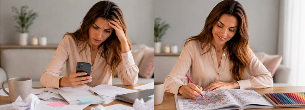 Woman feeling stressed and overwhelmed before finding calm through a relaxing coloring activity